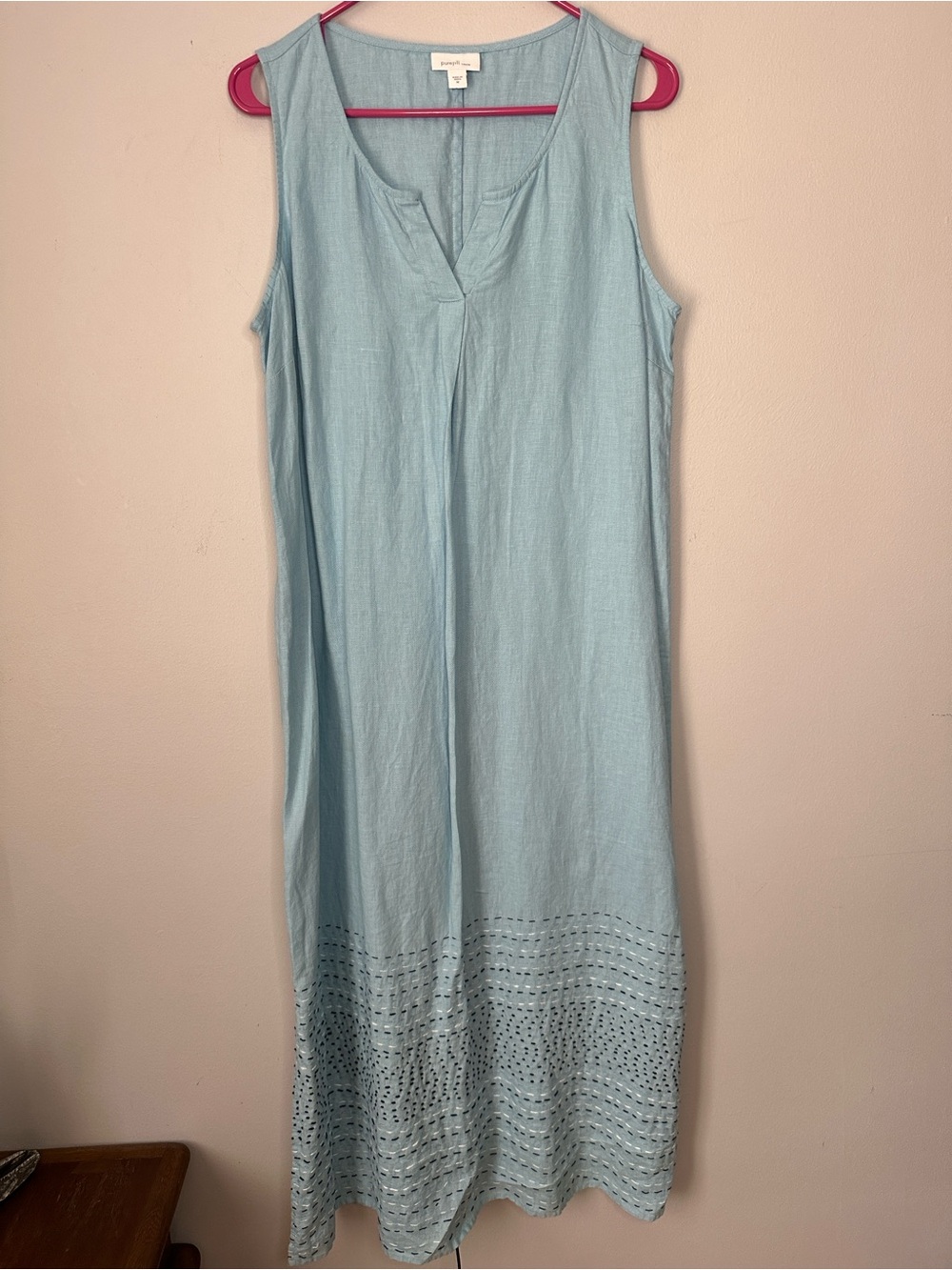 J Jill Pure Linen Blue Embroidered Maxi Dress Size Medium Sleeveless Split Neck - Picture 5 of 10